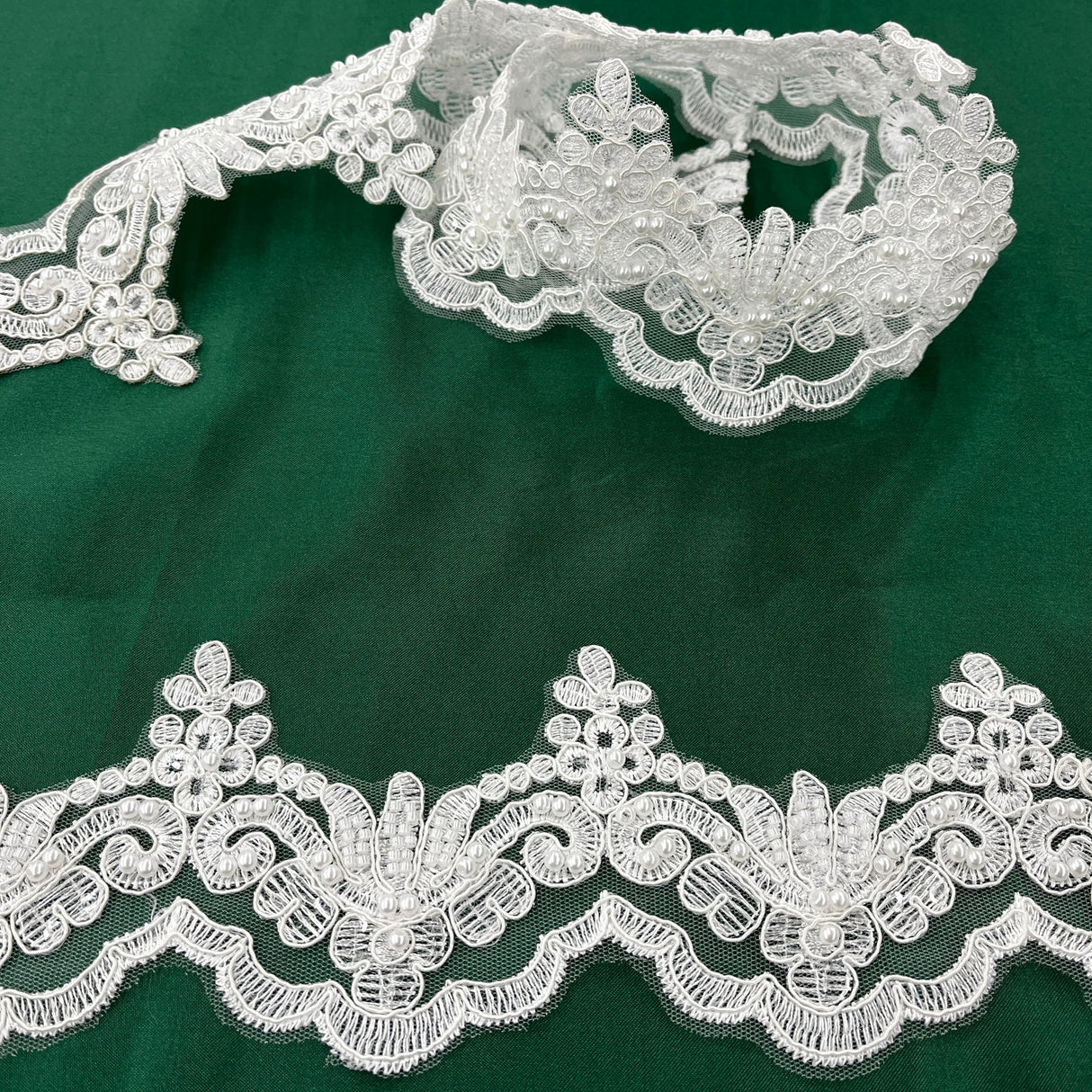 1 Yard Luxurious Beaded & Corded Lace Trimming Embroidered on 100% Polyester Net Mesh for Special Occasion Dresses 3 Inch Width
