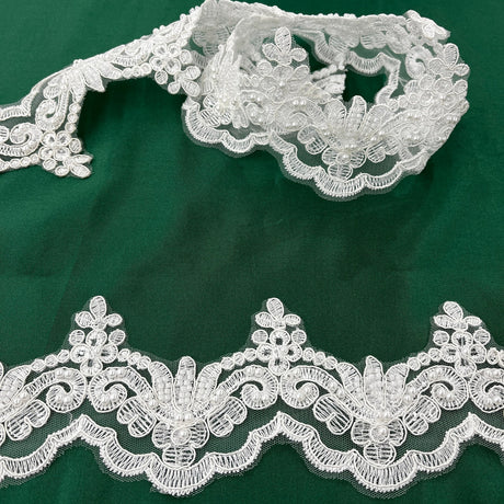 1 Yard Luxurious Beaded & Corded Lace Trimming Embroidered on 100% Polyester Net Mesh for Special Occasion Dresses 3 Inch Width