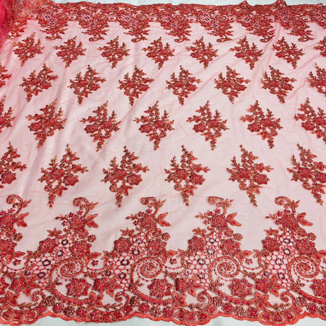1 Yard Royal Blue Corded Lace Fabric with Hand-Embroidered Beading on Mesh 53 inch Width
