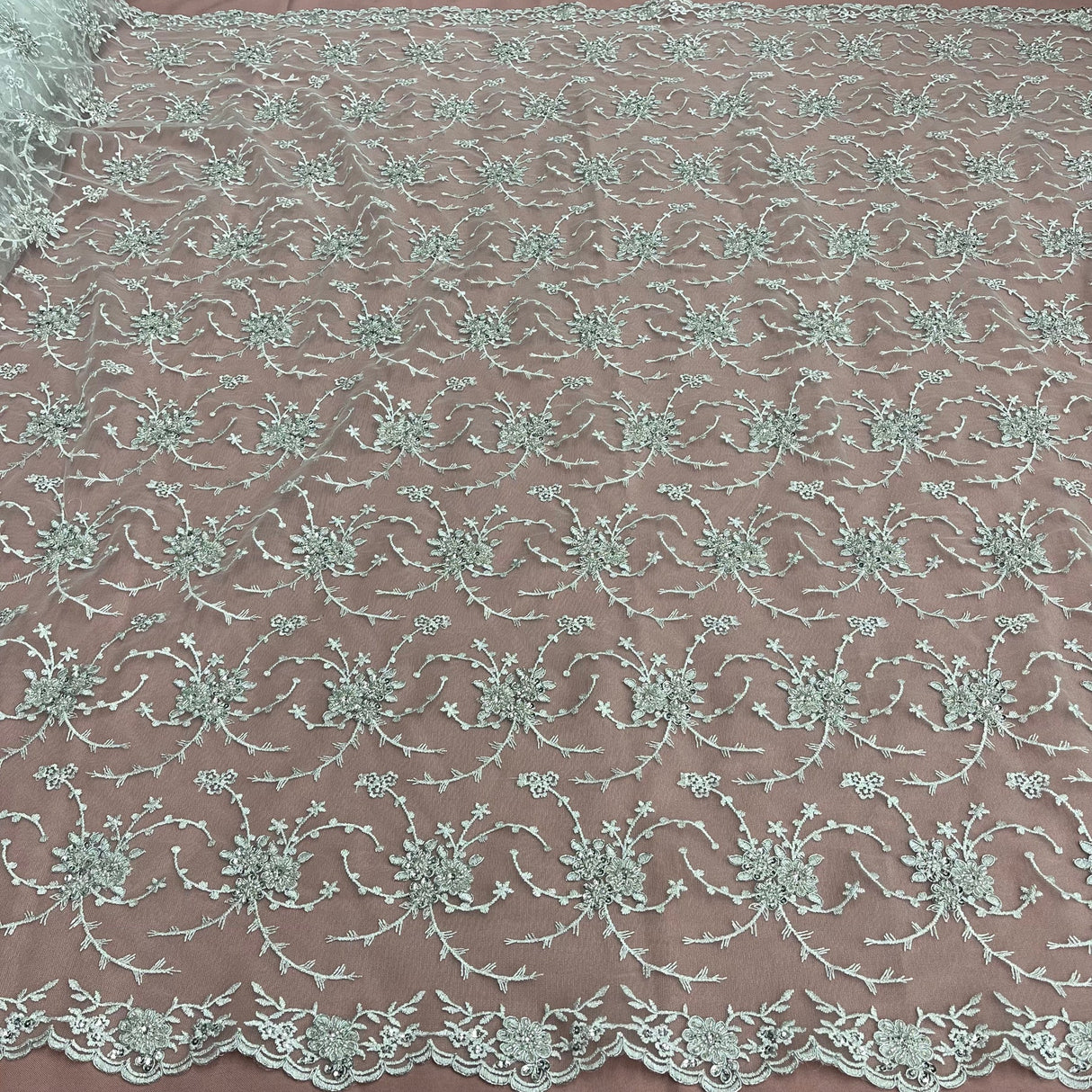 1 Yard Elegant Ivory Beaded Corded Bridal Lace Fabric Embroidered on Net Mesh 52 inch Width
