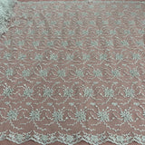 1 Yard Elegant Ivory Beaded Corded Bridal Lace Fabric Embroidered on Net Mesh 52 inch Width
