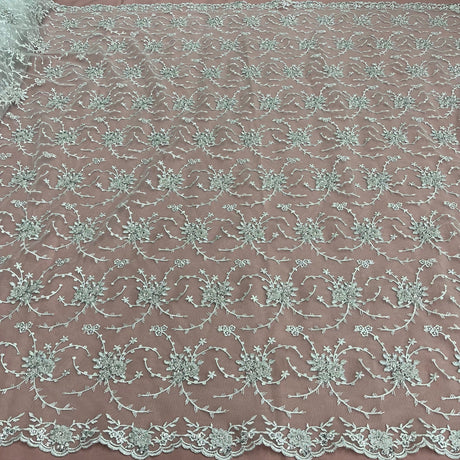 1 Yard Elegant Ivory Beaded Corded Bridal Lace Fabric Embroidered on Net Mesh 52 inch Width