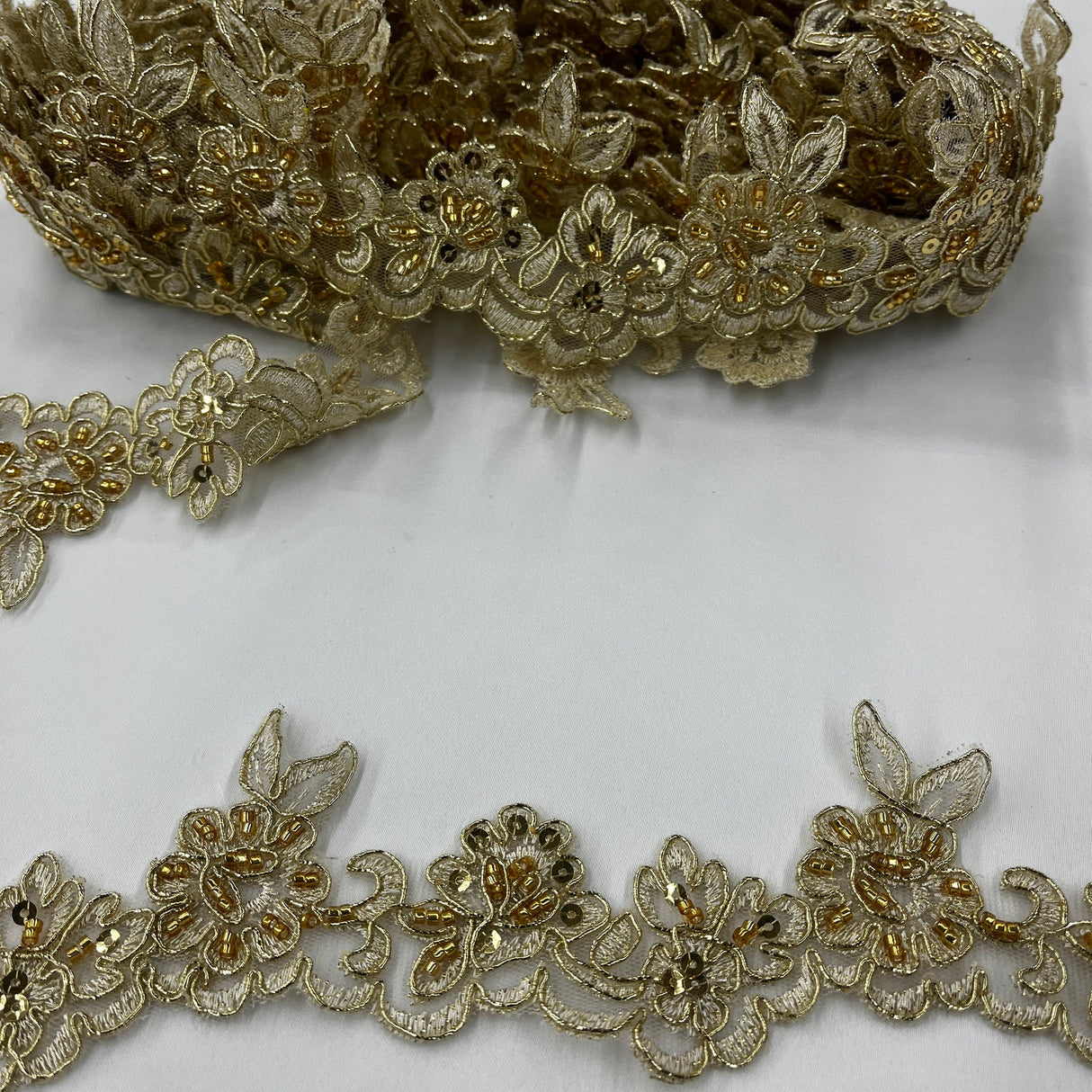 1 Yard Luxury Beaded & Corded Lace Trimming Embroidered on Polyester Net Mesh for Bridal and Special Occasion Dresses 2 Inch Width