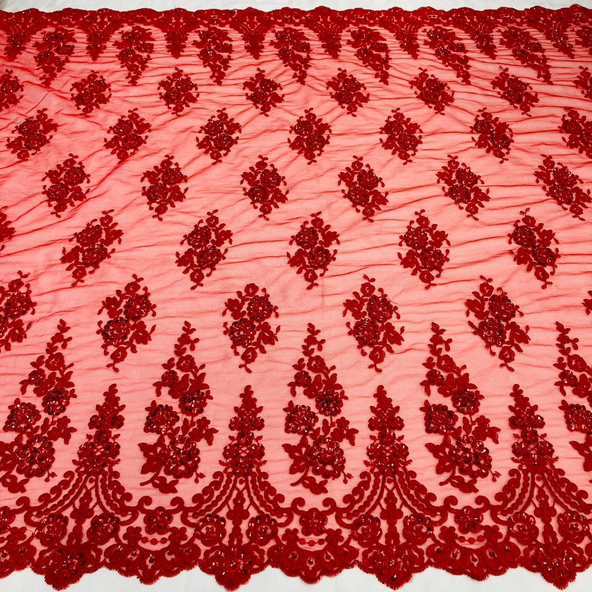 1 Yard White Beaded Corded Lace Fabric Embroidered on Polyester Net Mesh 52 inch Width
