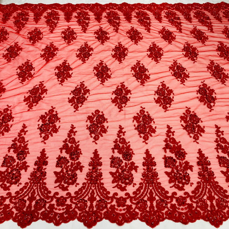 1 Yard White Beaded Corded Lace Fabric Embroidered on Polyester Net Mesh 52 inch Width