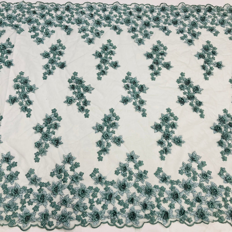 1 Yard Enchanting Pistachio Beaded 3D Floral Lace Fabric on Net Mesh 50 inch Width