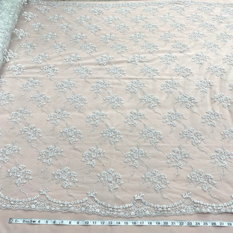 1 Yard Luxurious Beaded & Rhinestone 3D Floral Lace Fabric Embroidered on Polyester Net Mesh 52" Width