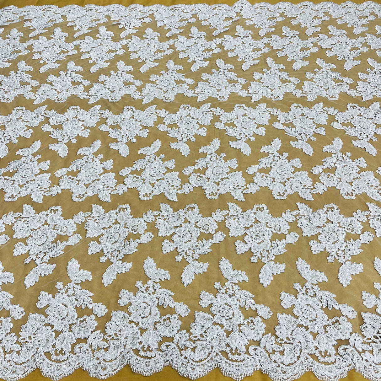 1 Yard Beaded Corded Bridal Lace Fabric Embroidered on Premium Polyester Mesh 51