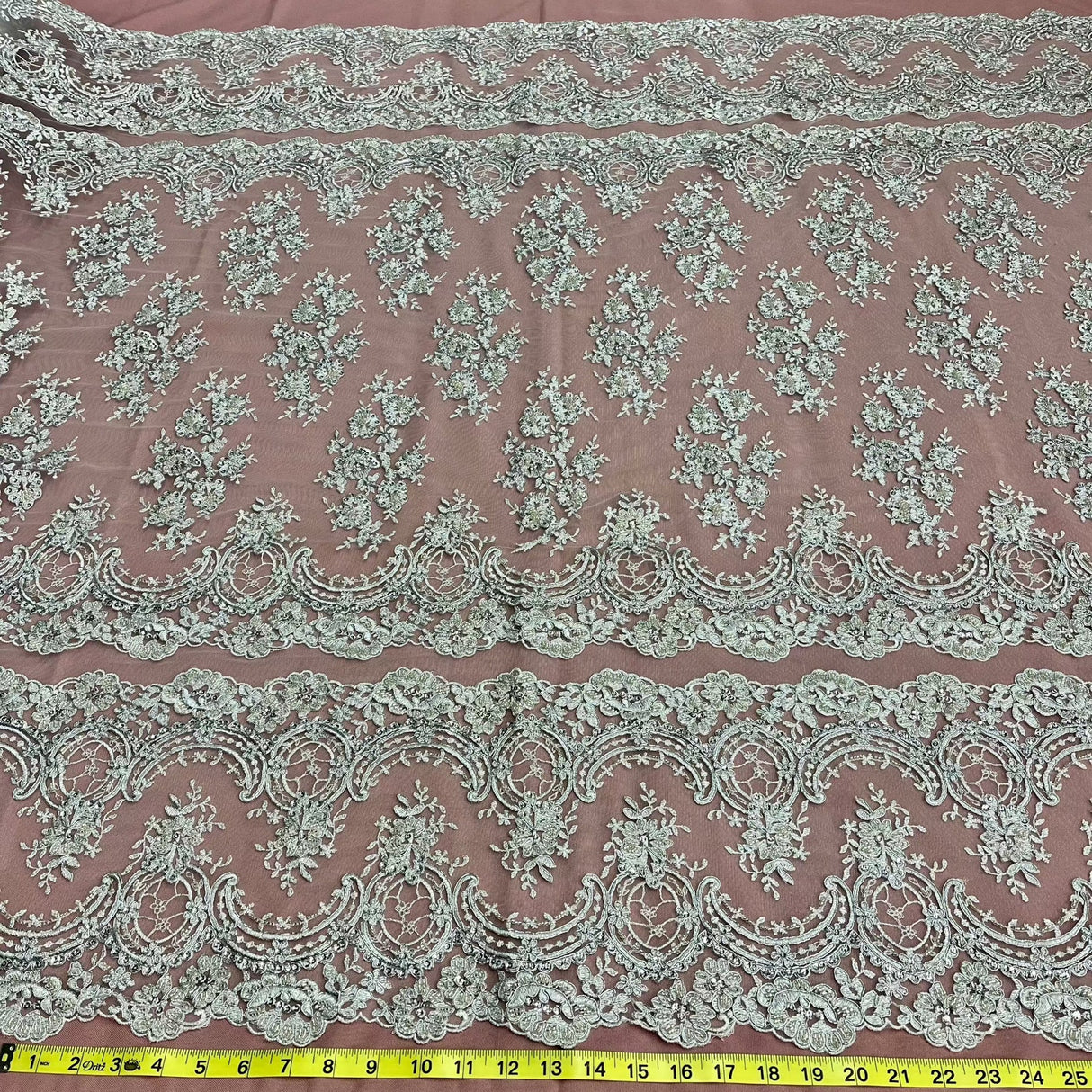 1 Yard Luxurious Beaded Corded Bridal Lace Fabric Embroidered on Premium Mesh 51