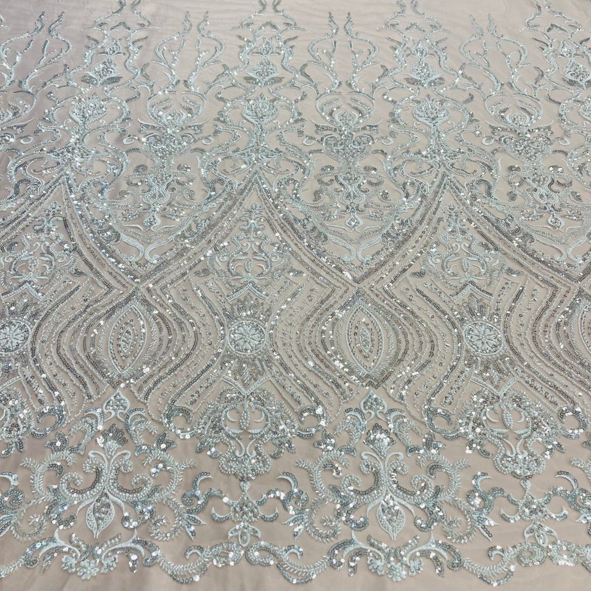 1 Yard Silver Beaded Lace Fabric Embroidered on 100% Polyester Net Mesh 52 Inch Width