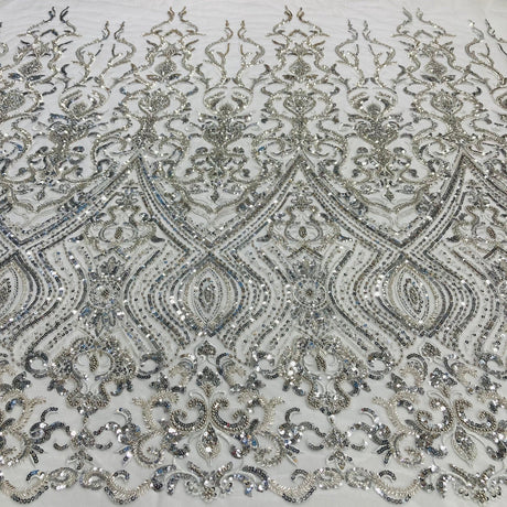 1 Yard Beaded Lace with Sequins & Pearls 52? Wide Embroidered Polyester Net Mesh for Bridal & Formal Gowns