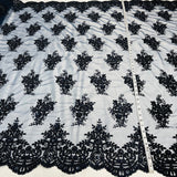 1 Yard Elegant Champagne Beaded Corded Lace Fabric on Net Mesh 56 inch Width