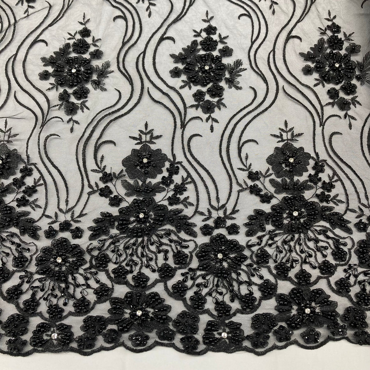 1 Yard Elegant Beaded Lace Fabric Embroidered on Polyester Net Mesh 51 inch Width