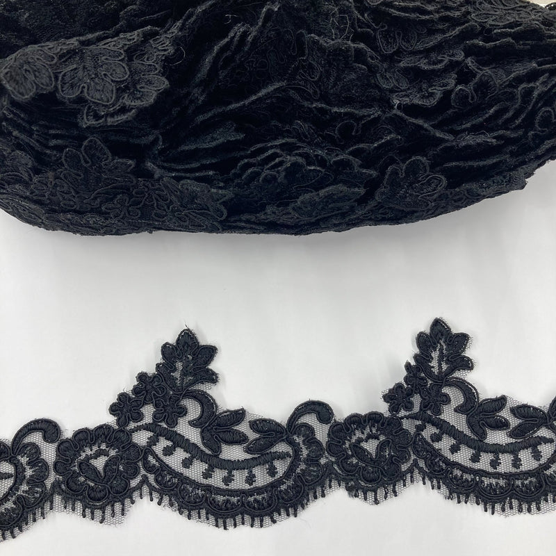 1 Yard Corded Lace Trimming on Net Mesh – 3" Wide | Handmade Embroidered Trim for Dresses & Gowns