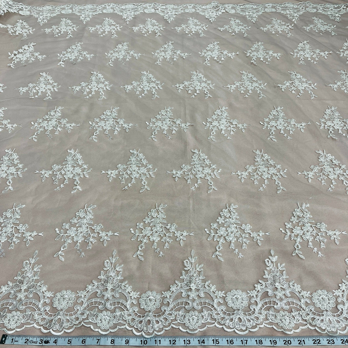 1 Yard Luxurious Beaded Corded Bridal Lace Fabric Embroidered on Premium Mesh 56