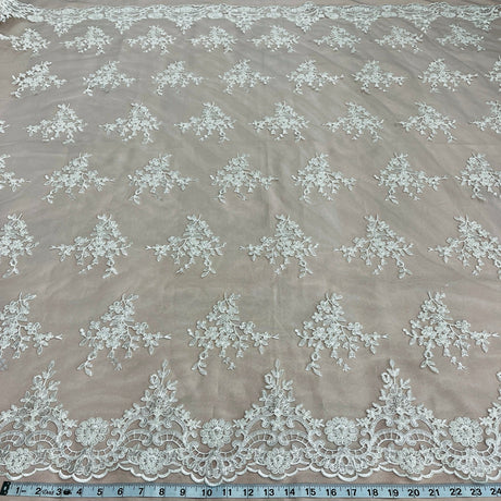 1 Yard Luxurious Beaded Corded Bridal Lace Fabric Embroidered on Premium Mesh 56