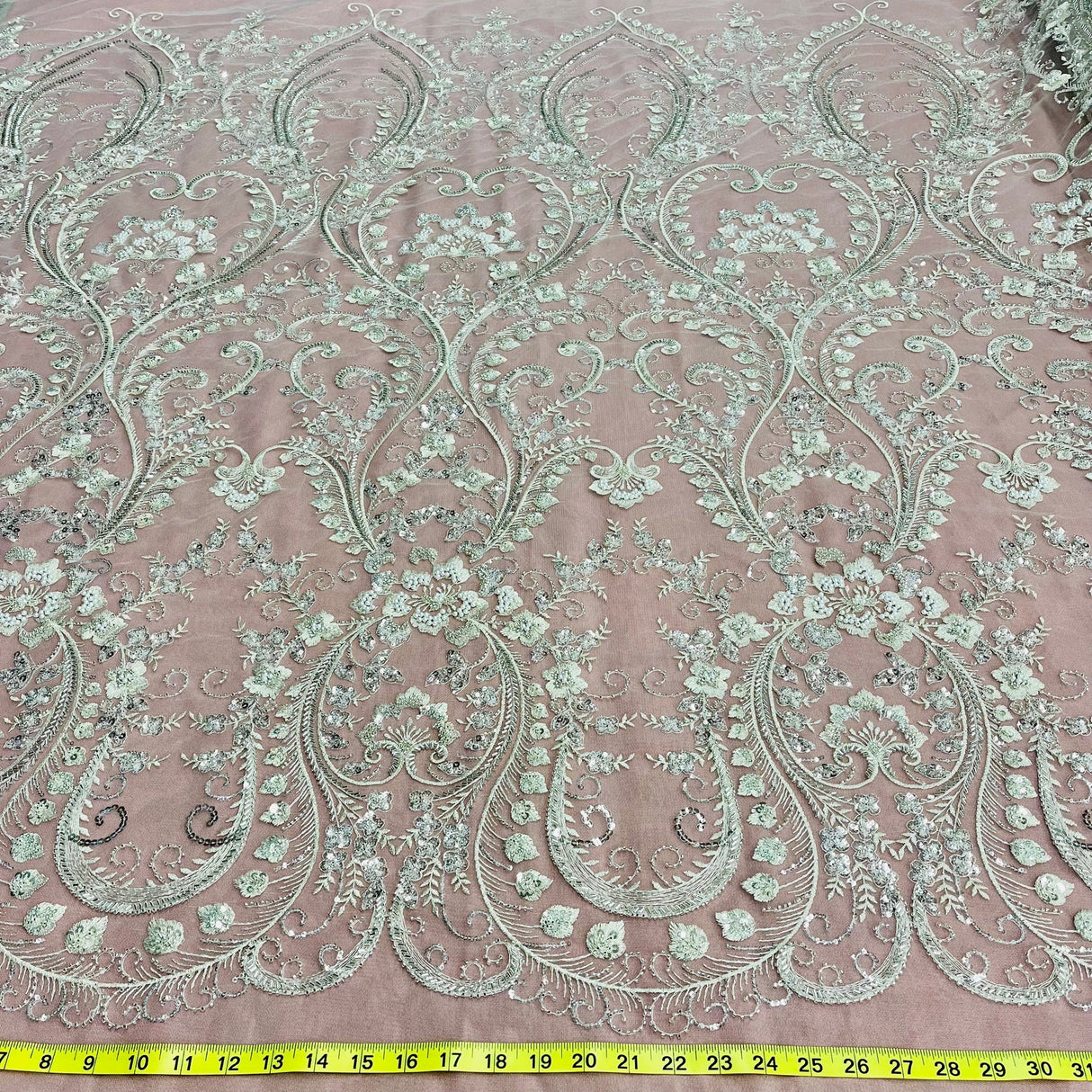 1 Yard Antique Silver Beaded Lace Fabric Embroidered on 100% Polyester Net Mesh 51 Inch Width