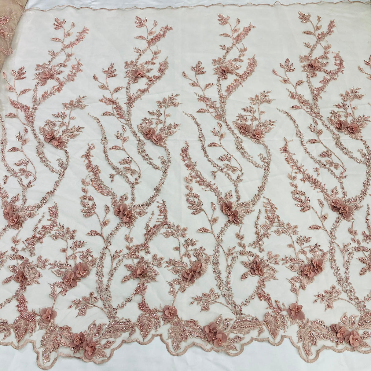 1 Yard Beaded 3D Floral Lace Fabric Embroidered on Premium Polyester Mesh 52