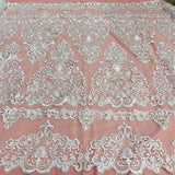 1 Yard Elegant Corded Bridal Lace Fabric Embroidered on Premium Polyester Mesh 53