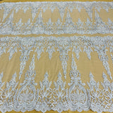 1 Yard Silver Metallic Beaded Corded Bridal Lace Fabric Embroidered on Polyester Net Mesh 51 Inch Width