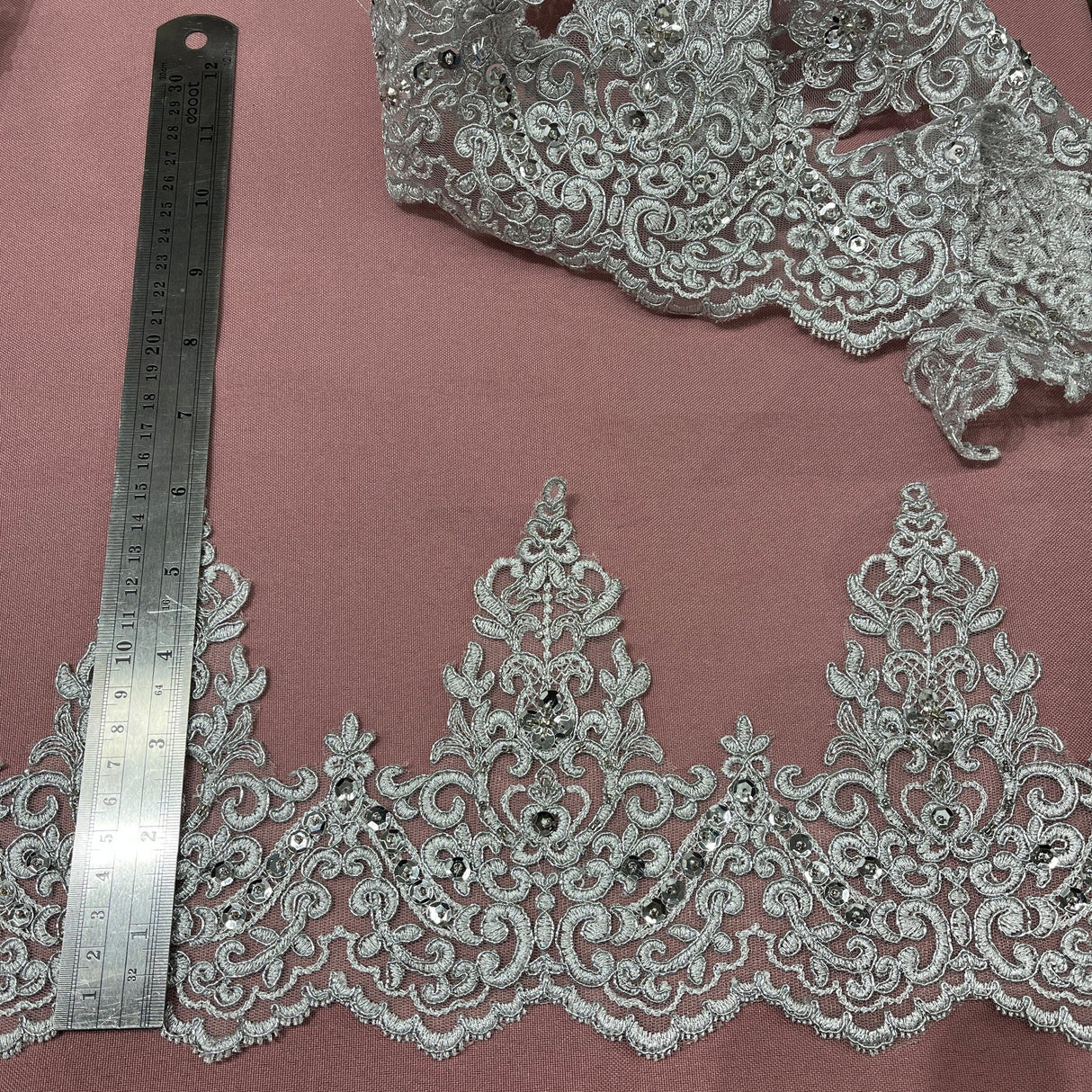 1 Yard Embroidered on 100% Polyester Organza 6? Wide Beaded & Corded Lace Trimming