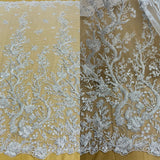 1 Yard Beaded Corded Bridal Lace Fabric, Embroidered Polyester Net Mesh, 51" Width, White