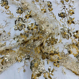 1 Yard Ivory Gold Beaded & Sequined Embroidered Lace Fabric on Polyester Mesh 48" Width