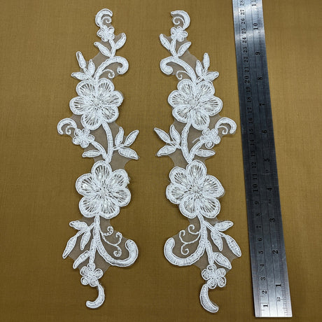 1 Pair Beaded & Corded Lace Applique 10" x 2" Each Side