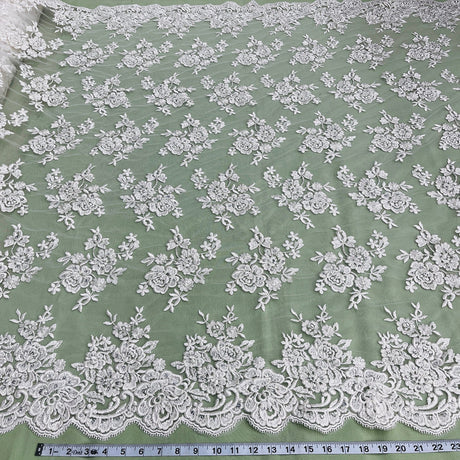 1 Yard Ivory with Silver Beaded and Corded Bridal Lace Fabric on Polyester Net Mesh 51 Inch Width