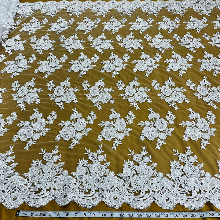 1 Yard Stunning Beaded and Corded Bridal Lace Fabric Embroidered on 100% Polyester Net Mesh White