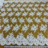 1 Yard Stunning Beaded and Corded Bridal Lace Fabric Embroidered on 100% Polyester Net Mesh White