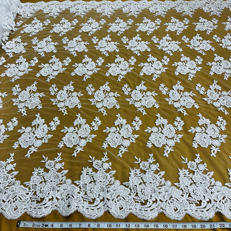 1 Yard Stunning Beaded and Corded Bridal Lace Fabric Embroidered on 100% Polyester Net Mesh White