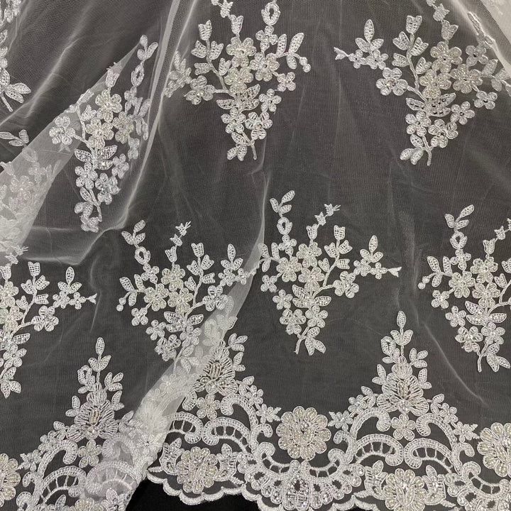 1 Yard Beaded and Corded Bridal Lace Fabric Embroidered on 100% Polyester Net Mesh White