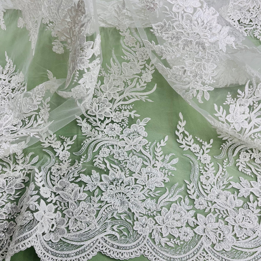 1 Yard Elegant Beaded and Corded Bridal Lace Fabric Embroidered on 100% Polyester Net Mesh White
