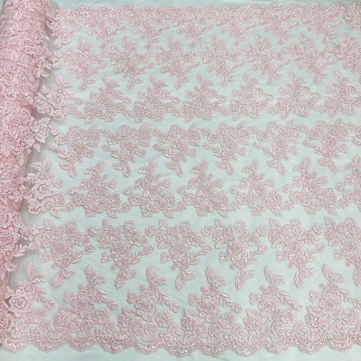 Beaded Corded Bridal Lace Fabric - Embroidered 100 Percent Polyester Net Mesh, 50" Wide (1 Yard)