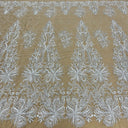 Beaded Lace Fabric Embroidered With Fuzzy Thread on 100 Percent Polyester Net Mesh - Ivory, Silver, White, Gold, 53" Width (1 Yard)
