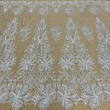 Beaded Lace Fabric Embroidered With Fuzzy Thread on 100 Percent Polyester Net Mesh - Ivory, Silver, White, Gold, 53" Width (1 Yard)