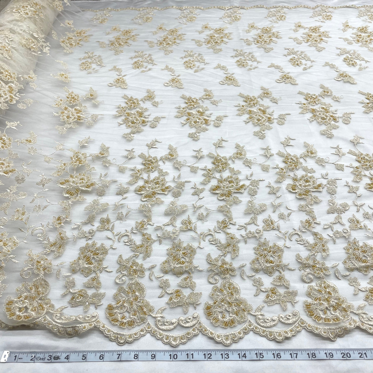 Beaded Lace Fabric Champagne with Gold 54"