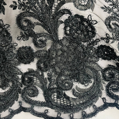 1 Yard Black Beaded Corded Lace Fabric for Couture Bridal Gowns Dance Dresses 56" Width