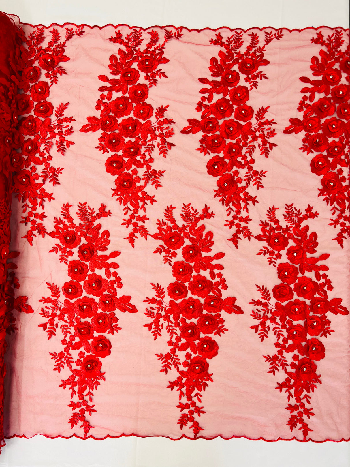 Rosa 3D Floral Design With Rhinestones Polyester Fabric - 3D Floral Embroidered Mesh Lace, 54" Width (1 Yard)