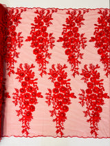 Rosa 3D Floral Design With Rhinestones Polyester Fabric - 3D Floral Embroidered Mesh Lace, 54" Width (1 Yard)