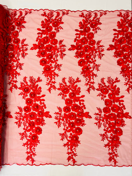 Rosa 3D Floral Design With Rhinestones Polyester Fabric - 3D Floral Embroidered Mesh Lace, 54" Width (1 Yard)