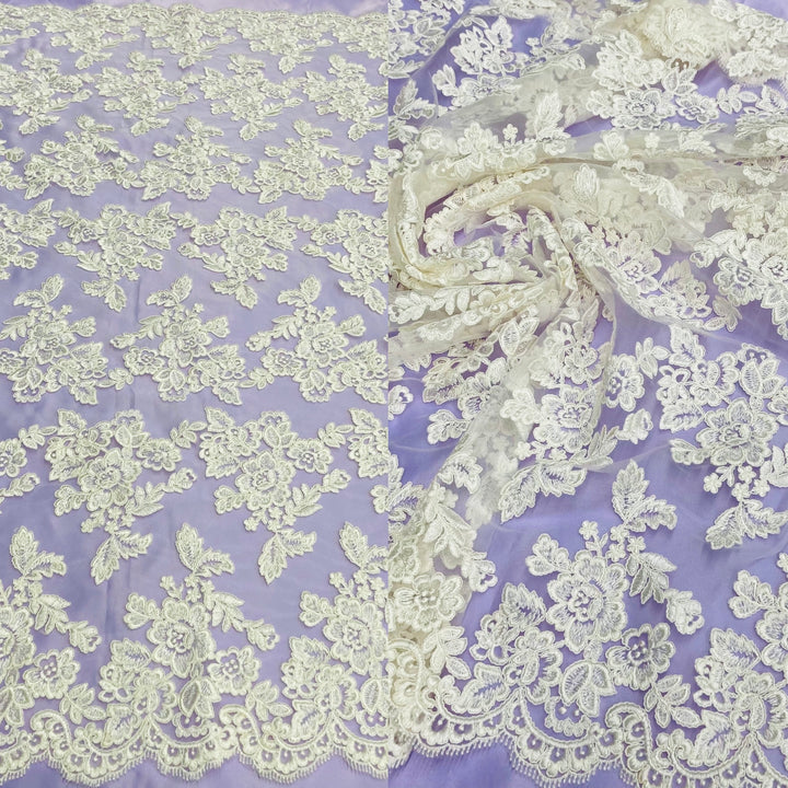 1 Yard Luxury Corded Embroidered Bridal Lace Fabric for Evening Gowns White