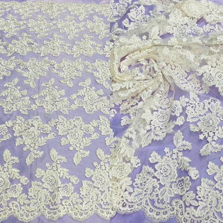 1 Yard Luxury Corded Embroidered Bridal Lace Fabric for Evening Gowns White