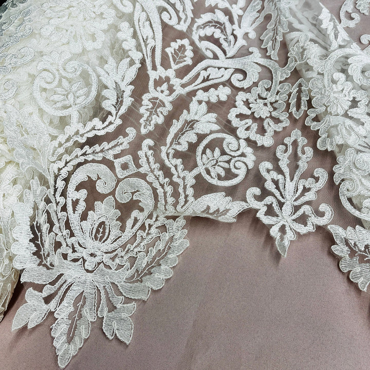 1 Yard Corded Bridal Lace Fabric Embroidered on 100% Polyester Net Mesh White