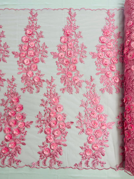 Rosa 3D Floral Design With Rhinestones Polyester Fabric - 3D Floral Embroidered Mesh Lace, 54" Width (1 Yard)