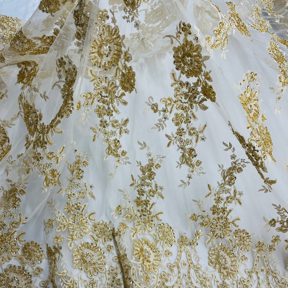 Beaded Corded Bridal Lace Ivory Mesh