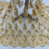 Beaded Lace Fabric Embroidered On 100 Percent Polyester Net Mesh - Red, Champagne, Blush, Coral, Peach, 50" Width (1 Yard)