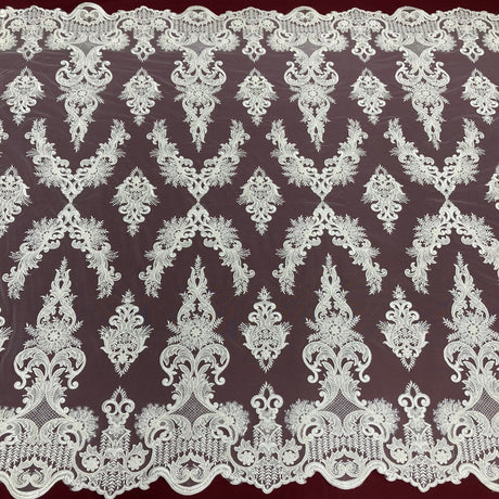 Beaded Corded Lace White Mesh