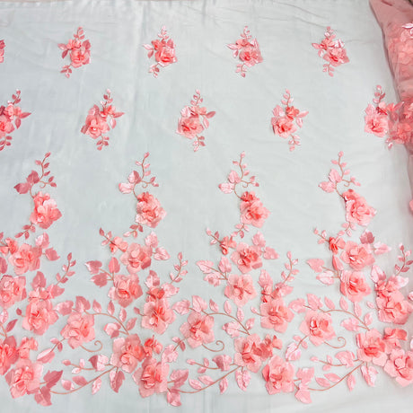 1 Yard - 3D Floral Lace Fabric Embroidered on 100% Polyester Soft Tulle Net Mesh